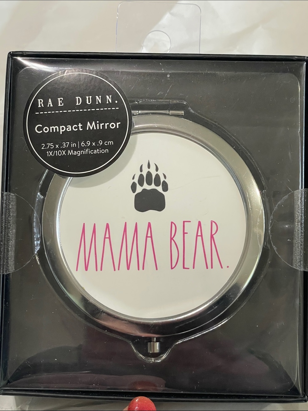 Rae Dunn Compact Mirror with Pink 'MAMA BEAR' Text and Black Paw